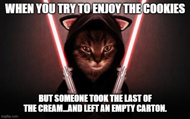 Sith Kitten's Cookies'n'Cream |  WHEN YOU TRY TO ENJOY THE COOKIES; BUT SOMEONE TOOK THE LAST OF THE CREAM...AND LEFT AN EMPTY CARTON. | image tagged in sith kitten,got milk,angry kitten,sith | made w/ Imgflip meme maker