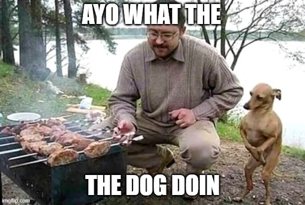 ayo what the dog doin | AYO WHAT THE; THE DOG DOIN | image tagged in starving cannibal | made w/ Imgflip meme maker