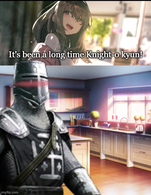 After the war and their victory... The tired Crusader returns and met his soon-to-be-wife again. | It's been a long time Knight-o kyun! | image tagged in wholesome 100,wait a second this is wholesome content,wholesome meme,anime,crusader | made w/ Imgflip meme maker