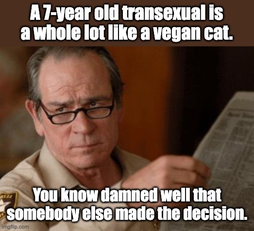 Trans | A 7-year old transexual is a whole lot like a vegan cat. You know damned well that somebody else made the decision. | image tagged in tommy lee jones | made w/ Imgflip meme maker