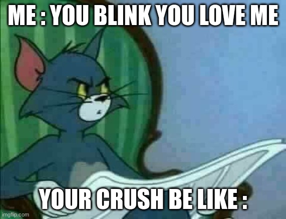 Tom Cat WTF | ME : YOU BLINK YOU LOVE ME; YOUR CRUSH BE LIKE : | image tagged in tom cat wtf | made w/ Imgflip meme maker