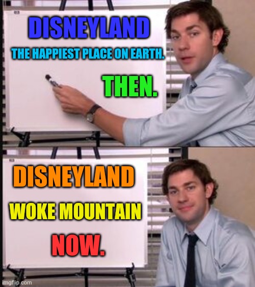But Why? | DISNEYLAND; THE HAPPIEST PLACE ON EARTH. THEN. DISNEYLAND; WOKE MOUNTAIN; NOW. | image tagged in the office meme template,memes,politics,disneyland,then vs now,but why | made w/ Imgflip meme maker