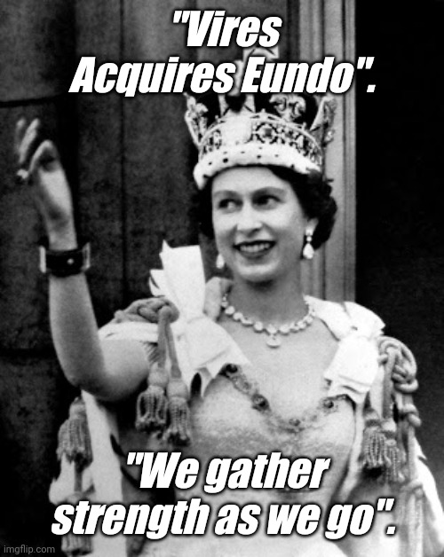 Queen Elizabeth II | "Vires Acquires Eundo". "We gather strength as we go". | image tagged in queen elizabeth ii | made w/ Imgflip meme maker
