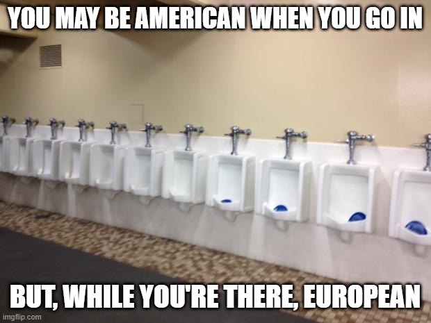 Tssssssss | YOU MAY BE AMERICAN WHEN YOU GO IN; BUT, WHILE YOU'RE THERE, EUROPEAN | image tagged in row of urinals | made w/ Imgflip meme maker