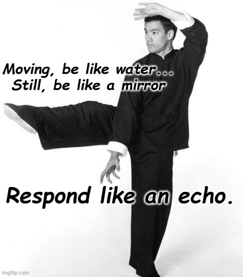 Bruce Lee - Be Water | Moving, be like water... Still, be like a mirror; Respond like an echo. | image tagged in bruce lee,kung fu,martial arts,sage advice,words of wisdom | made w/ Imgflip meme maker