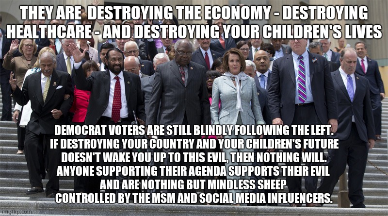 When will you wake up ? | THEY ARE  DESTROYING THE ECONOMY - DESTROYING HEALTHCARE - AND DESTROYING YOUR CHILDREN'S LIVES; DEMOCRAT VOTERS ARE STILL BLINDLY FOLLOWING THE LEFT.
IF DESTROYING YOUR COUNTRY AND YOUR CHILDREN'S FUTURE
DOESN'T WAKE YOU UP TO THIS EVIL, THEN NOTHING WILL.
ANYONE SUPPORTING THEIR AGENDA SUPPORTS THEIR EVIL 
AND ARE NOTHING BUT MINDLESS SHEEP 
CONTROLLED BY THE MSM AND SOCIAL MEDIA INFLUENCERS. | image tagged in memes,democratic party,evil government,rino,scumbags,political meme | made w/ Imgflip meme maker