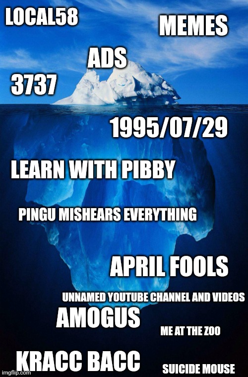 The YouTube Iceberg | LOCAL58; MEMES; ADS; 3737; 1995/07/29; LEARN WITH PIBBY; PINGU MISHEARS EVERYTHING; APRIL FOOLS; UNNAMED YOUTUBE CHANNEL AND VIDEOS; AMOGUS; ME AT THE ZOO; KRACC BACC; SUICIDE MOUSE | image tagged in iceberg | made w/ Imgflip meme maker