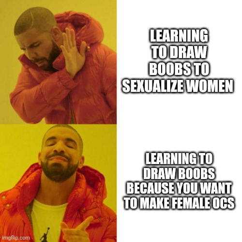 Drake Blank | LEARNING TO DRAW BOOBS TO SEXUALIZE WOMEN; LEARNING TO DRAW BOOBS BECAUSE YOU WANT TO MAKE FEMALE OCS | image tagged in drake blank | made w/ Imgflip meme maker