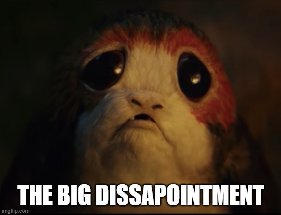 Porg with big sad eyes | THE BIG DISSAPOINTMENT | image tagged in porg with big sad eyes | made w/ Imgflip meme maker