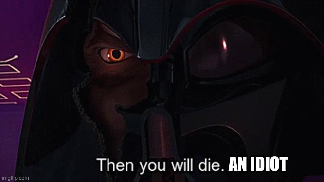 Then you will die | AN IDIOT | image tagged in then you will die | made w/ Imgflip meme maker