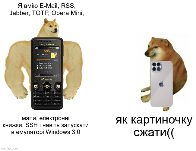 Buff Doge vs. Cheems Meme | Я вмію E-Mail, RSS, Jabber, TOTP, Opera Mini, мапи, електронні книжки, SSH і навіть запускати в емуляторі Windows 3.0; як картиночку сжати(( | image tagged in memes,buff doge vs cheems | made w/ Imgflip meme maker