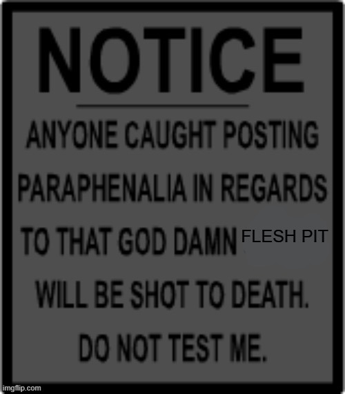 any paraphernalia regarding to that god damn flesh pit | FLESH PIT | image tagged in mystery flesh pit status | made w/ Imgflip meme maker