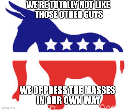 Demopublican | WE'RE TOTALLY NOT LIKE 
THOSE OTHER GUYS WE OPPRESS THE MASSES 
IN OUR OWN WAY | image tagged in demopublican | made w/ Imgflip meme maker