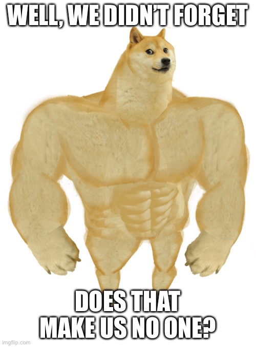 Swole Doge | WELL, WE DIDN’T FORGET DOES THAT MAKE US NO ONE? | image tagged in swole doge | made w/ Imgflip meme maker