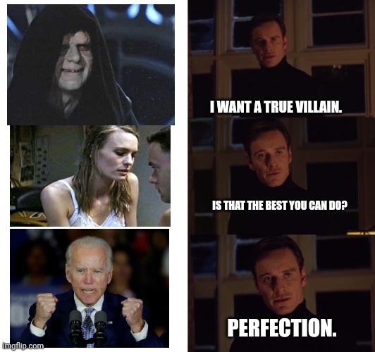 Perfection | I WANT A TRUE VILLAIN. IS THAT THE BEST YOU CAN DO? PERFECTION. | image tagged in perfection,villains,creepy joe biden | made w/ Imgflip meme maker