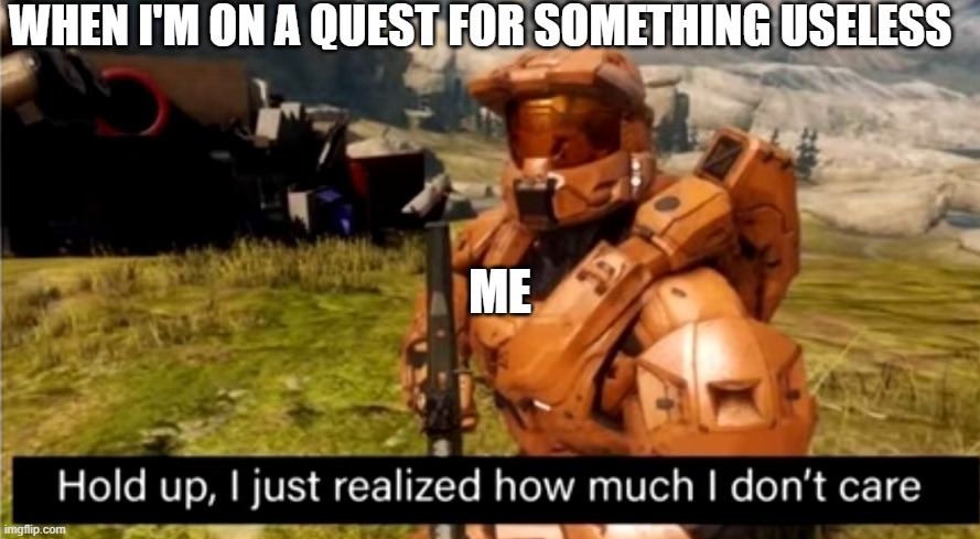 I didn't need the thing I was looking for anyway | WHEN I'M ON A QUEST FOR SOMETHING USELESS; ME | image tagged in hold up i just realized how much i don't care | made w/ Imgflip meme maker