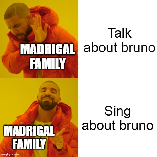 Drake Hotline Bling Meme | Talk about bruno; MADRIGAL FAMILY; Sing about bruno; MADRIGAL FAMILY | image tagged in memes,drake hotline bling | made w/ Imgflip meme maker