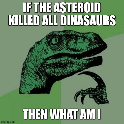 What is he tho | IF THE ASTEROID KILLED ALL DINASAURS; THEN WHAT AM I | image tagged in memes,philosoraptor | made w/ Imgflip meme maker