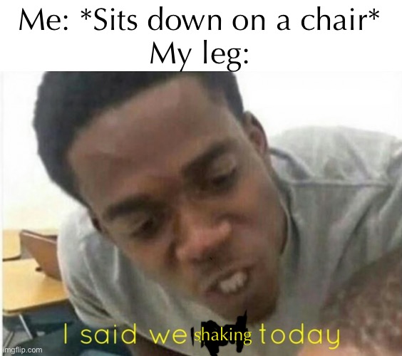 This always happens to me | Me: *Sits down on a chair*
My leg:; shaking | image tagged in i said we ____ today | made w/ Imgflip meme maker