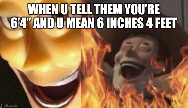 Satanic woody (no spacing) |  WHEN U TELL THEM YOU’RE 6’4’’ AND U MEAN 6 INCHES 4 FEET | image tagged in satanic woody no spacing | made w/ Imgflip meme maker