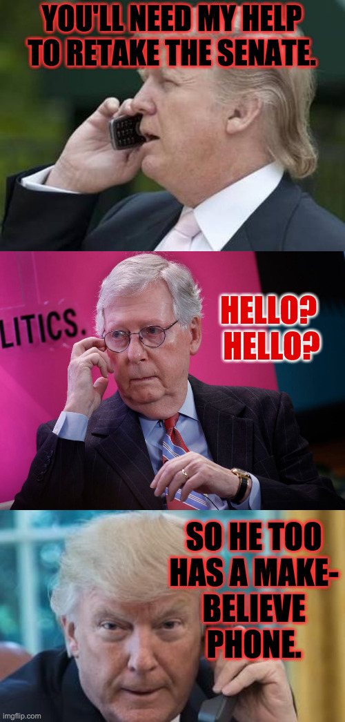 Kids and their imaginations, I swear! | YOU'LL NEED MY HELP TO RETAKE THE SENATE. HELLO?  HELLO? SO HE TOO
HAS A MAKE-
BELIEVE
PHONE. | image tagged in trump phone,memes,mitch mcconnell,wild imaginations | made w/ Imgflip meme maker