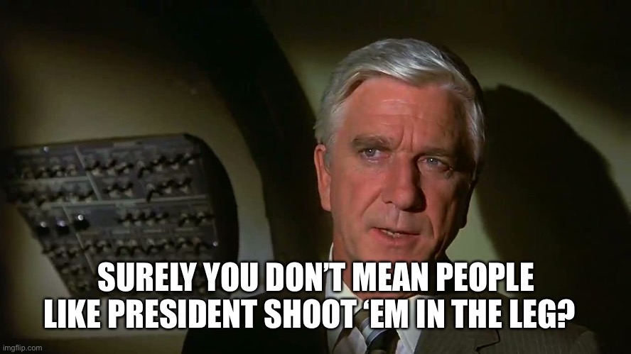 Airplane! | SURELY YOU DON’T MEAN PEOPLE LIKE PRESIDENT SHOOT ‘EM IN THE LEG? | image tagged in airplane | made w/ Imgflip meme maker