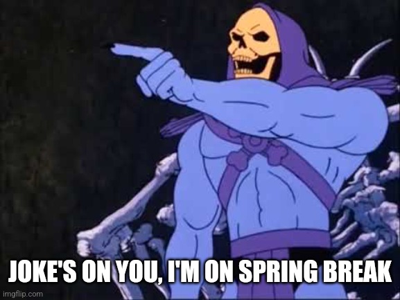 Skeletor | JOKE'S ON YOU, I'M ON SPRING BREAK | image tagged in skeletor | made w/ Imgflip meme maker