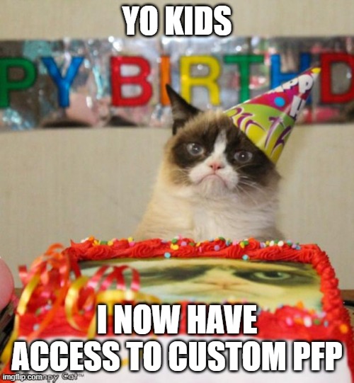 lets celebrate | YO KIDS; I NOW HAVE ACCESS TO CUSTOM PFP | image tagged in memes,grumpy cat birthday,grumpy cat | made w/ Imgflip meme maker