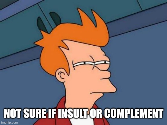 Futurama Fry Meme | NOT SURE IF INSULT OR COMPLEMENT | image tagged in memes,futurama fry | made w/ Imgflip meme maker