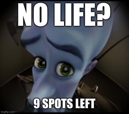 2 per person | 9 SPOTS LEFT | image tagged in no life | made w/ Imgflip meme maker