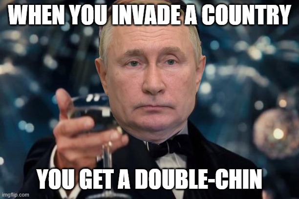 health advice from Putin | WHEN YOU INVADE A COUNTRY; YOU GET A DOUBLE-CHIN | image tagged in memes,leonardo dicaprio cheers | made w/ Imgflip meme maker