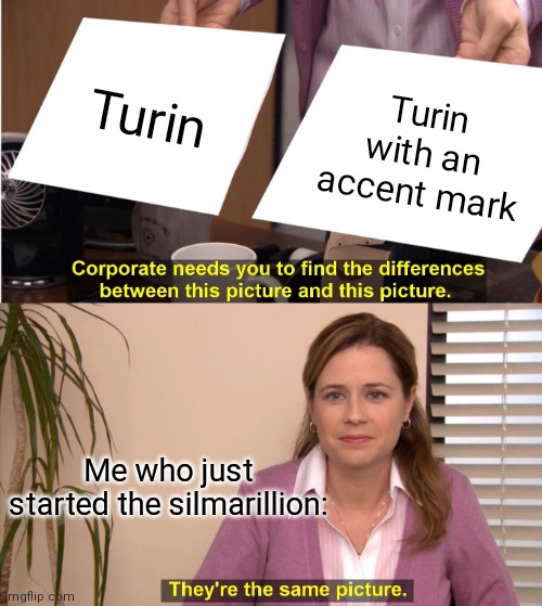 Need more silmarillion mims | Turin; Turin with an accent mark; Me who just started the silmarillion: | image tagged in memes,they're the same picture | made w/ Imgflip meme maker