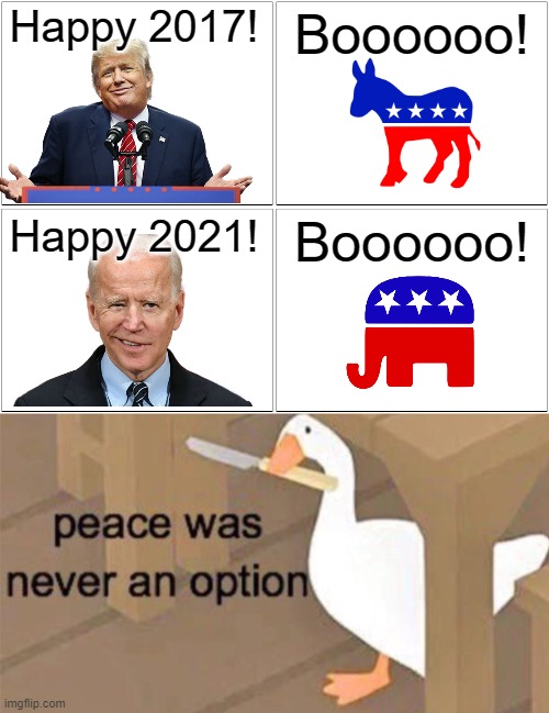 Happy 2017! Boooooo! Happy 2021! Boooooo! | image tagged in memes,blank comic panel 2x2,untitled goose peace was never an option | made w/ Imgflip meme maker