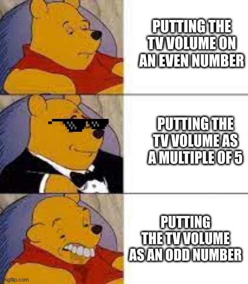 Best,Better,Blurst,And Spooky First. | PUTTING THE TV VOLUME ON AN EVEN NUMBER; PUTTING THE TV VOLUME AS A MULTIPLE OF 5; PUTTING THE TV VOLUME AS AN ODD NUMBER | image tagged in best better blurst and spooky first | made w/ Imgflip meme maker