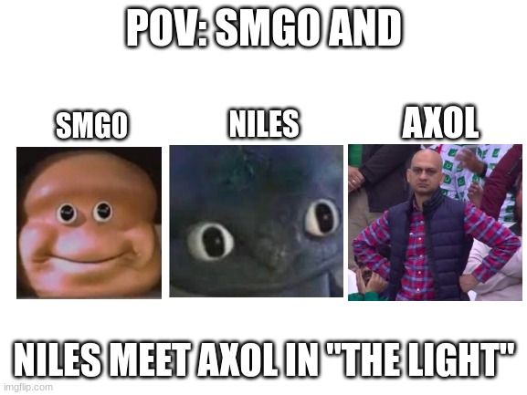 Very awkward... | POV: SMG0 AND; AXOL; NILES; SMG0; NILES MEET AXOL IN "THE LIGHT" | image tagged in blank white template | made w/ Imgflip meme maker