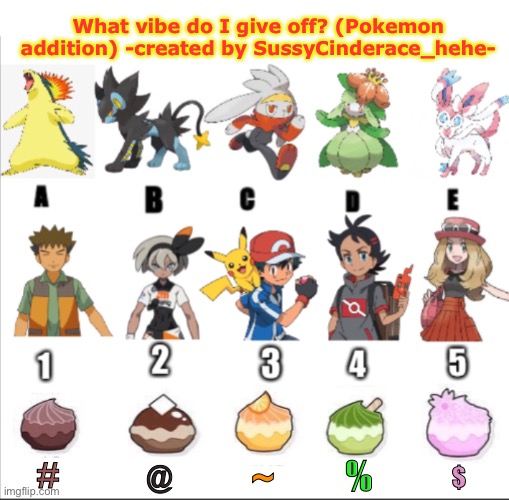 What vibe do I give off? Pokémon edition! (Repost to see what you get) | What vibe do I give off? (Pokemon addition) -created by SussyCinderace_hehe-; #; ~; %; @; $ | image tagged in pokemon | made w/ Imgflip meme maker