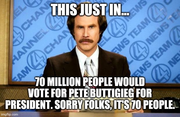 Give or take a couple people. | THIS JUST IN... 70 MILLION PEOPLE WOULD VOTE FOR PETE BUTTIGIEG FOR PRESIDENT. SORRY FOLKS, IT'S 70 PEOPLE. | image tagged in breaking news | made w/ Imgflip meme maker