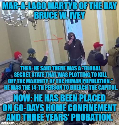 The "Weird," is strong with this one. | MAR-A-LAGO MARTYR OF THE DAY
BRUCE W. IVEY; THEN: HE SAID THERE WAS A "GLOBAL SECRET STATE THAT WAS PLOTTING TO KILL OFF THE MAJORITY OF THE HUMAN POPULATION."  HE WAS THE 14-TH PERSON TO BREACH THE CAPITOL. NOW: HE HAS BEEN PLACED ON 60-DAYS HOME CONFINEMENT AND THREE YEARS' PROBATION. | image tagged in politics | made w/ Imgflip meme maker