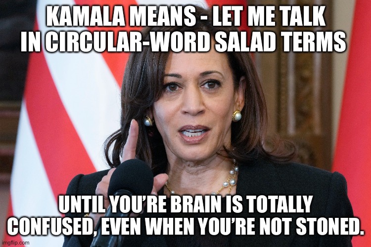 When Kamala Harris Says “Let Me Be VERY Clear” | KAMALA MEANS - LET ME TALK IN CIRCULAR-WORD SALAD TERMS; UNTIL YOU’RE BRAIN IS TOTALLY CONFUSED, EVEN WHEN YOU’RE NOT STONED. | image tagged in kamala harris,kamala harris word salad,kamala harris talking in circles | made w/ Imgflip meme maker