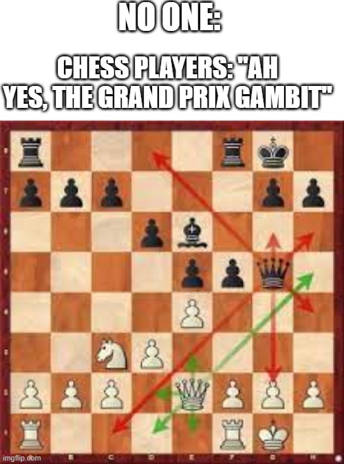 i play chess tournaments ] and i don't know how people do it -_- | NO ONE:; CHESS PLAYERS: "AH YES, THE GRAND PRIX GAMBIT" | image tagged in chess,oh wow are you actually reading these tags,stop reading the tags | made w/ Imgflip meme maker