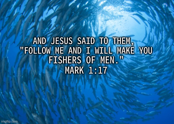 AND JESUS SAID TO THEM, 
"FOLLOW ME AND I WILL MAKE YOU; FISHERS OF MEN."
MARK 1:17 | image tagged in fish,jesus,fishermen | made w/ Imgflip meme maker