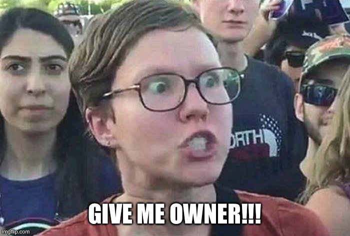 Triggered Liberal | GIVE ME OWNER!!! | image tagged in triggered liberal | made w/ Imgflip meme maker