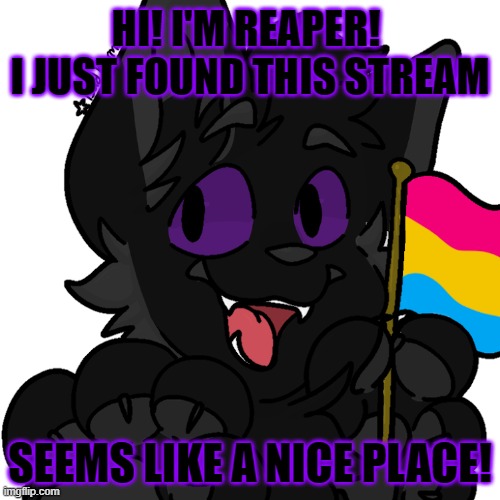I feel like I'm gonna love it here xD | HI! I'M REAPER! 
I JUST FOUND THIS STREAM; SEEMS LIKE A NICE PLACE! | image tagged in furry,moving hearts,yes i call lgbt moving hearts,it's a way cooler name,pan | made w/ Imgflip meme maker