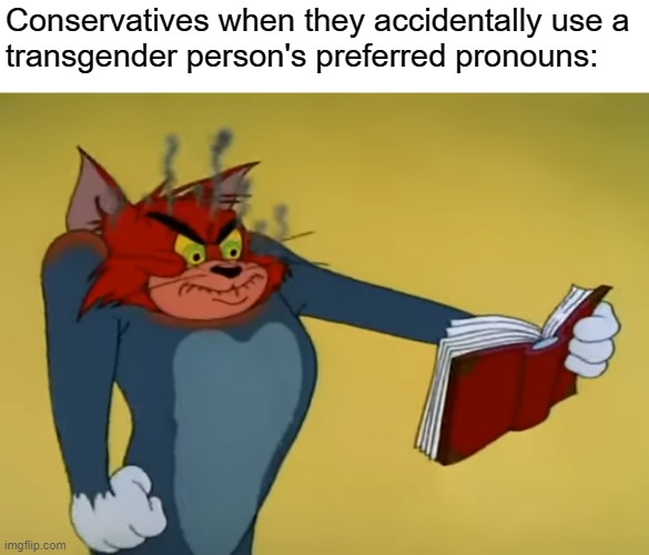 Transphobia failed | Conservatives when they accidentally use a
transgender person's preferred pronouns: | image tagged in angry tom,transphobic,transgender,conservative logic,bigotry,hatred | made w/ Imgflip meme maker