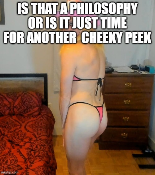 Dainty Denver Gives Tici Hastings a Cheeky Peeky | IS THAT A PHILOSOPHY OR IS IT JUST TIME FOR ANOTHER  CHEEKY PEEK | image tagged in dainty denver gives tici hastings a cheeky peeky | made w/ Imgflip meme maker