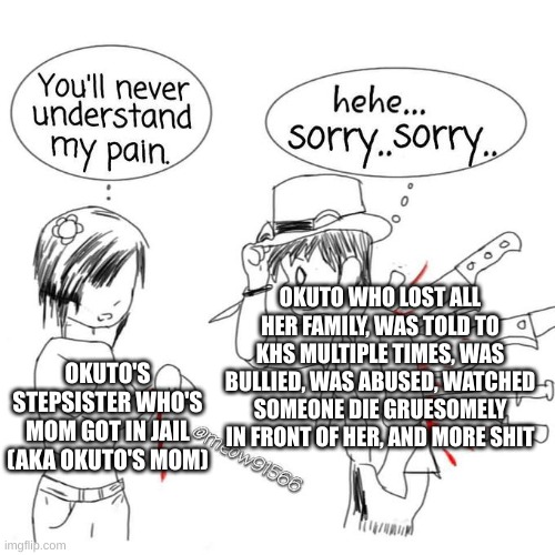 You'll never understand my pain | OKUTO'S STEPSISTER WHO'S MOM GOT IN JAIL (AKA OKUTO'S MOM) OKUTO WHO LOST ALL HER FAMILY, WAS TOLD TO KHS MULTIPLE TIMES, WAS BULLIED, WAS A | image tagged in you'll never understand my pain | made w/ Imgflip meme maker