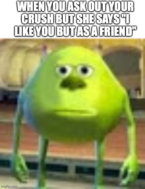 Just leave! | WHEN YOU ASK OUT YOUR CRUSH BUT SHE SAYS "I LIKE YOU BUT AS A FRIEND" | image tagged in sully wazowski,funny,memes,crush,fun | made w/ Imgflip meme maker