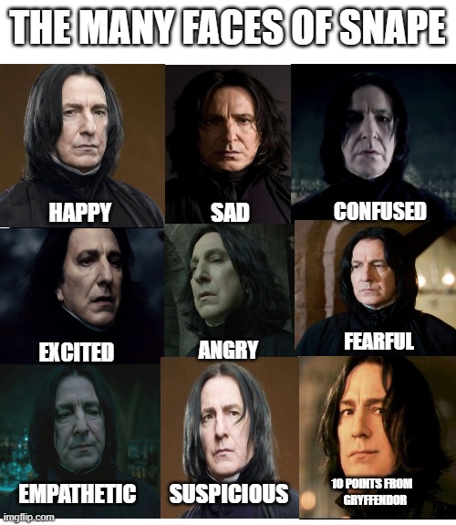 The many faces of Severus Snape | THE MANY FACES OF SNAPE; SAD; HAPPY; CONFUSED; FEARFUL; ANGRY; EXCITED; 10 POINTS FROM 
          GRYFFENDOR; EMPATHETIC; SUSPICIOUS | image tagged in for all potter heads | made w/ Imgflip meme maker