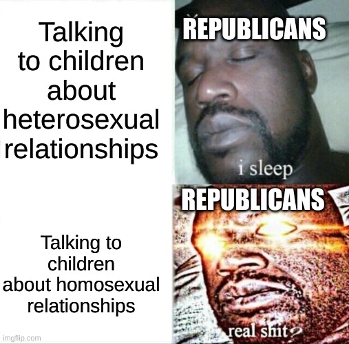 How dare I mock the right-wing on Imgflip | Talking to children about heterosexual relationships; REPUBLICANS; REPUBLICANS; Talking to children about homosexual relationships | image tagged in memes,sleeping shaq,cry about it,conservative hypocrisy,cope and seethe,double standards | made w/ Imgflip meme maker