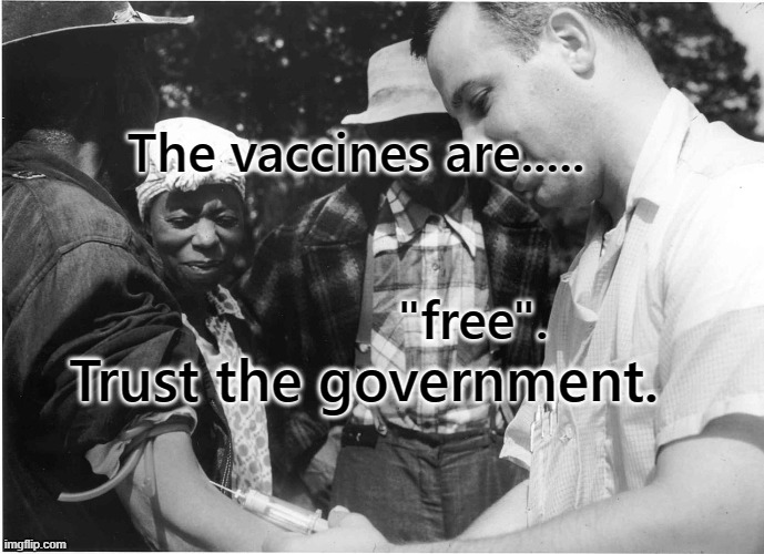 Tuskegee experiment | The vaccines are.....                                                            "free". Trust the government. | image tagged in tuskegee experiment | made w/ Imgflip meme maker